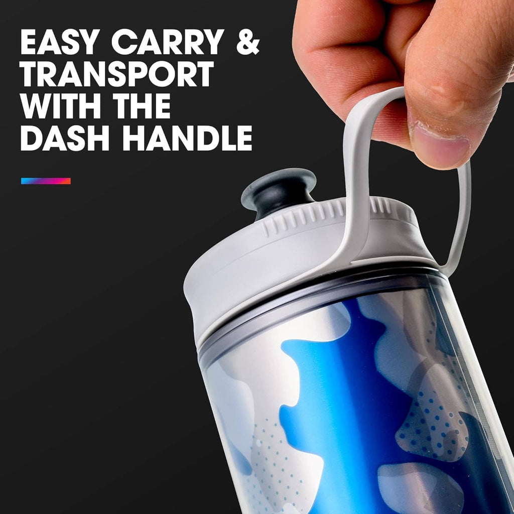 Insulated sport water bottle with blue camo print, white dash handle, black lid