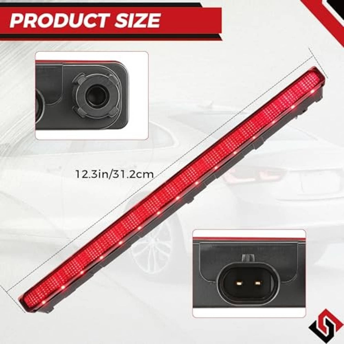 Third brake light bar with red LED lens and rear circular connector opening