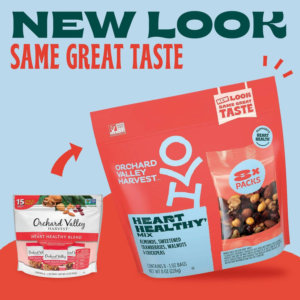 Assorted Orchard Valley Harvest Heart Healthy Mix pouches in red packaging