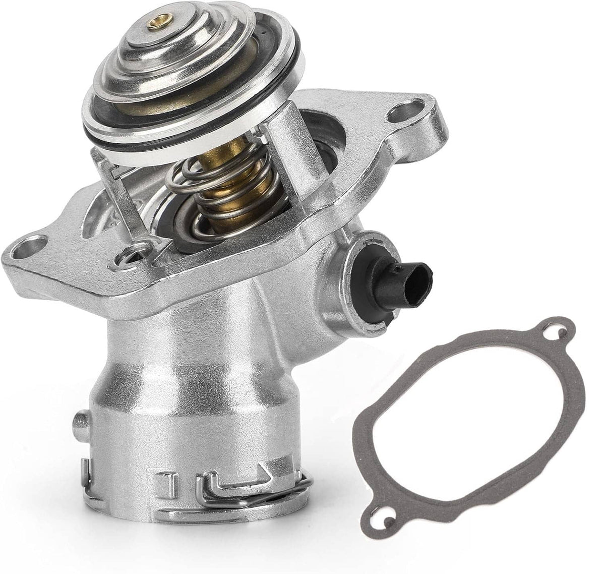 Engine coolant thermostat assembly with sensor, metal housing, spring, and mounting gasket