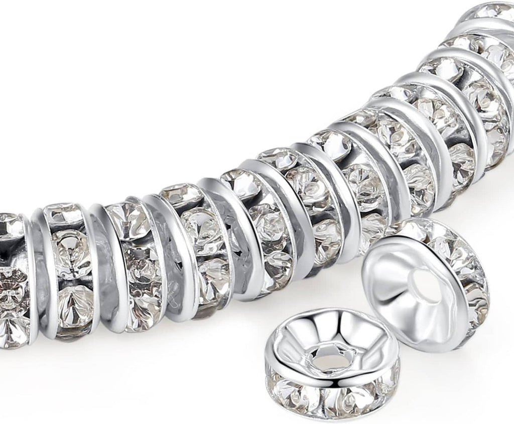 Silver rhinestone rondelle spacer beads, round crystal centers and spacer rings