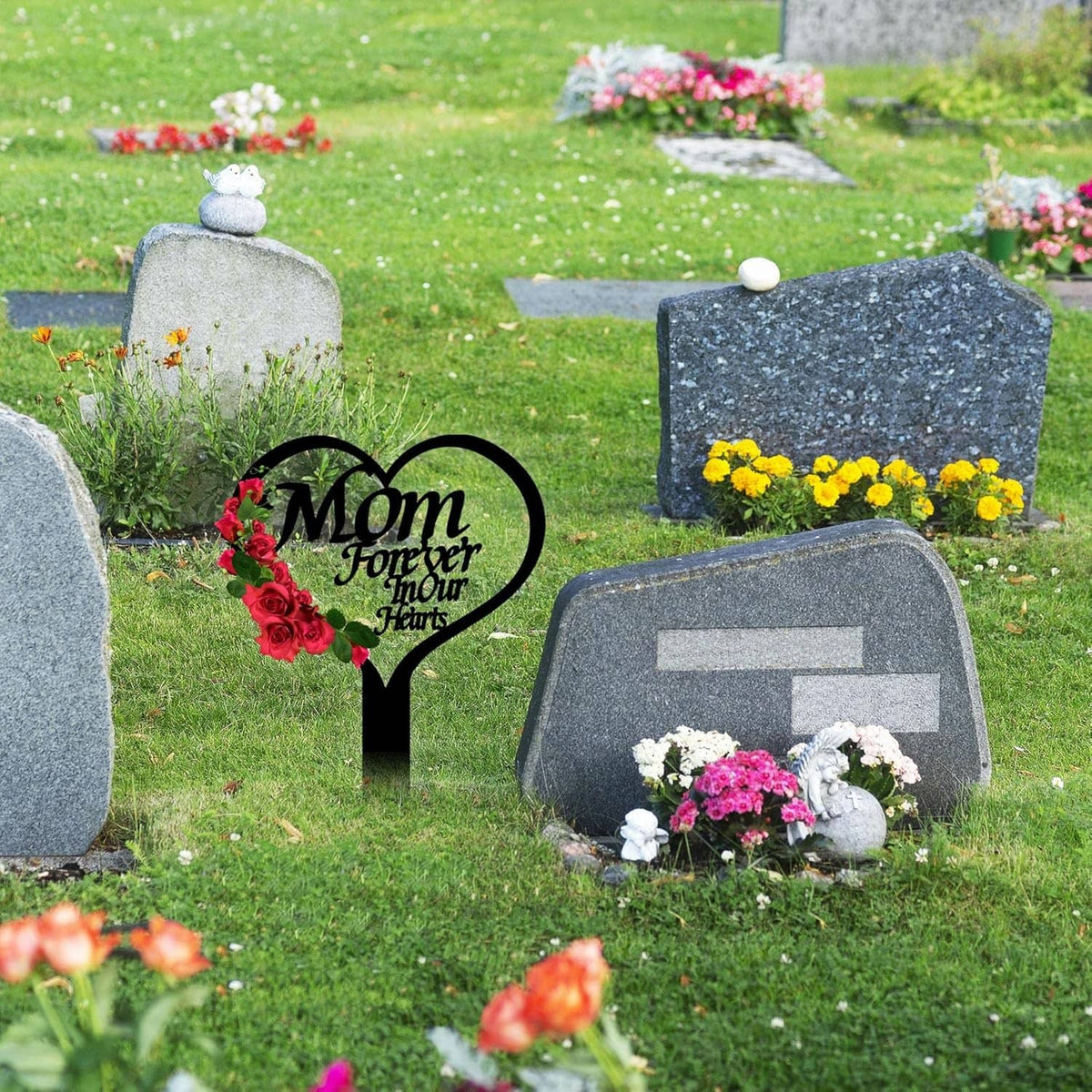 Heart grave marker stake with Mom Forever in Your Hearts design and red roses