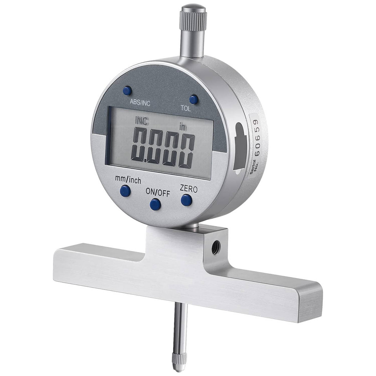 Digital depth gauge micrometer with LCD readout, vertical rod, and long anvil