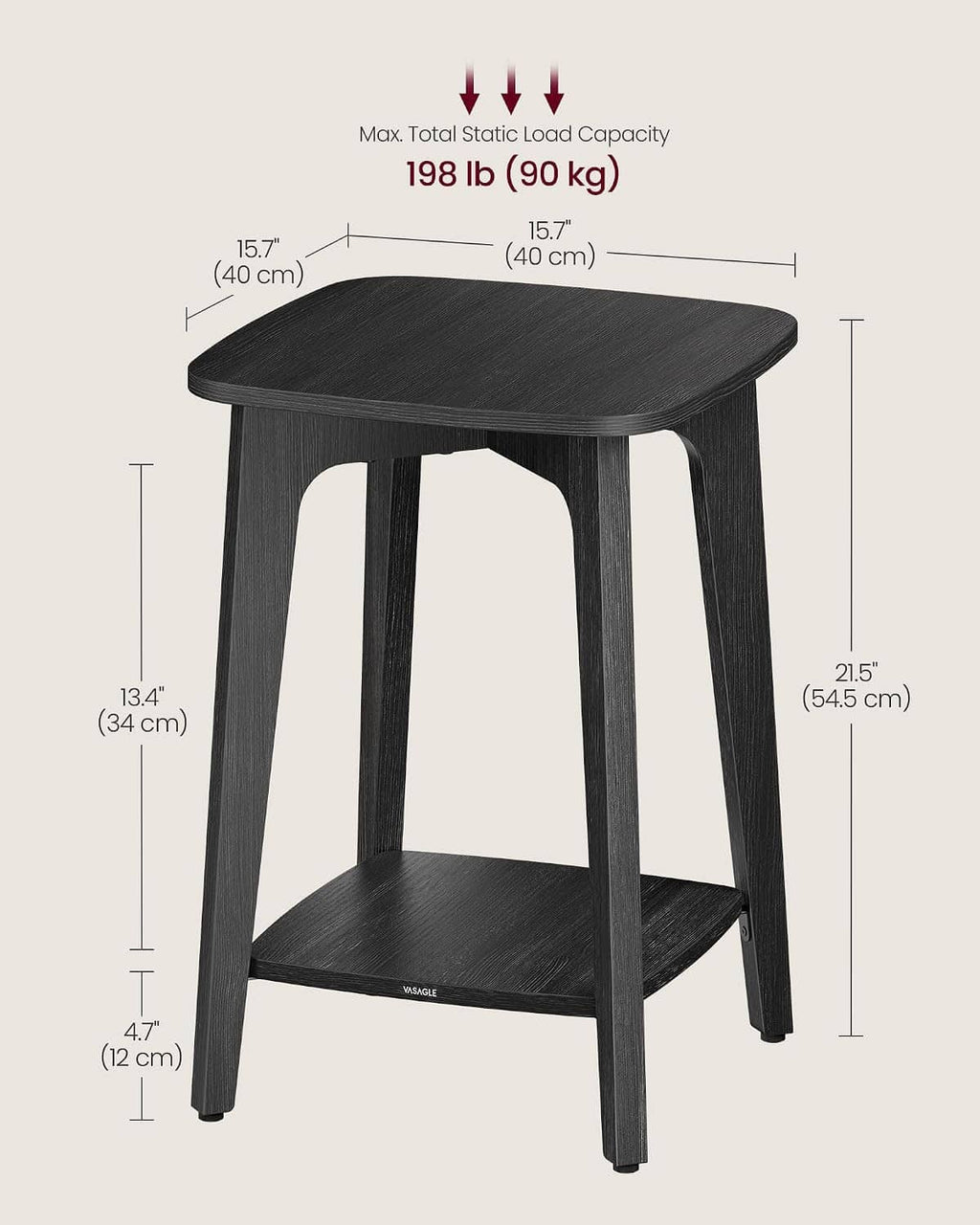 VASAGLE 2-tier end table with dark square top, tapered legs, and lower shelf