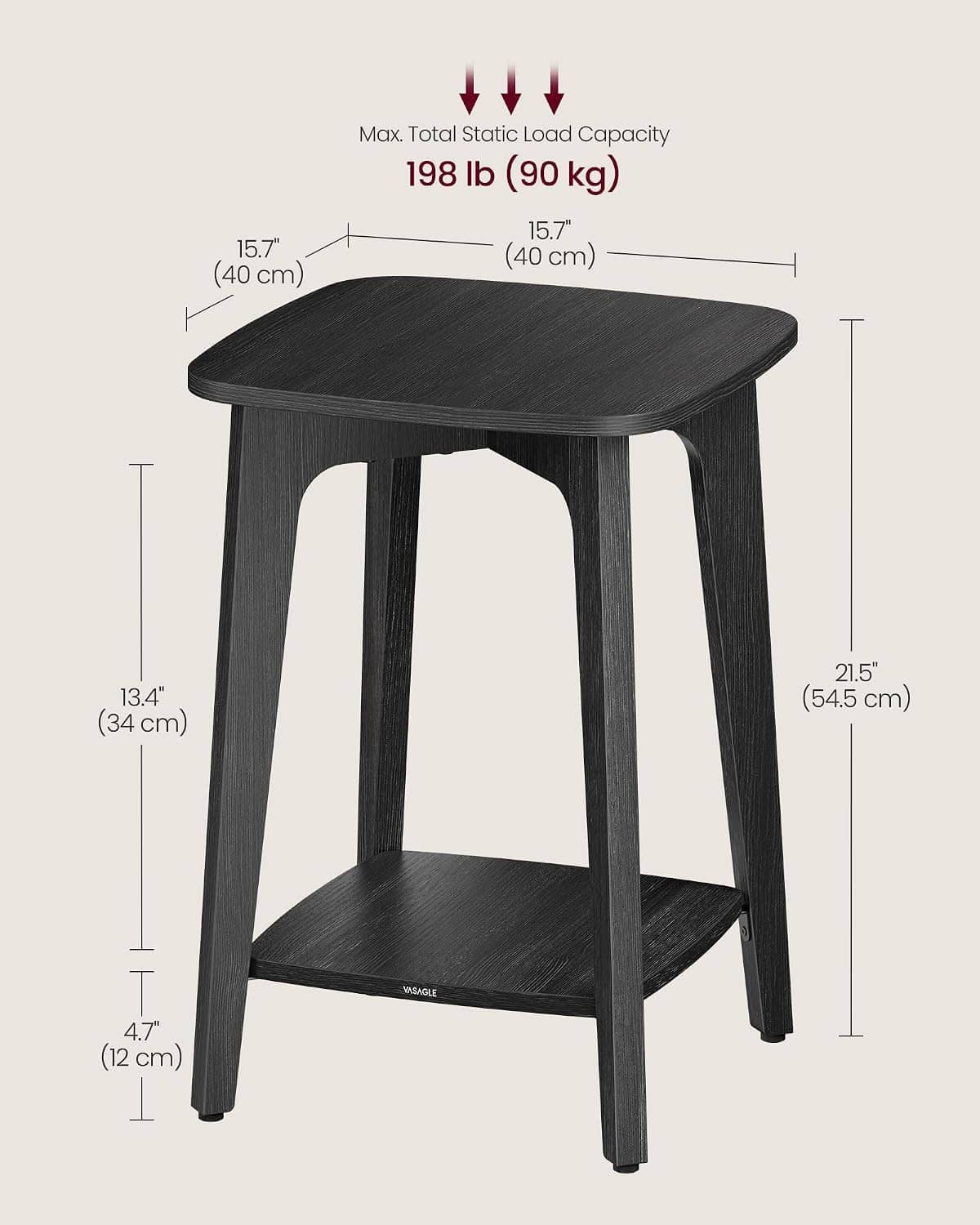VASAGLE 2-tier end table with dark square top, tapered legs, and lower shelf