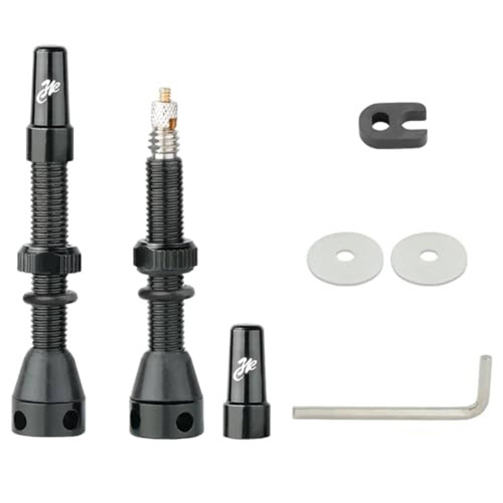 Presta bicycle valve stems set with black stems, brass cores, two washers, L wrench