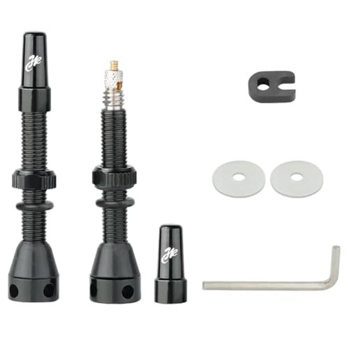 Presta bicycle valve stems set with black stems, brass cores, two washers, L wrench