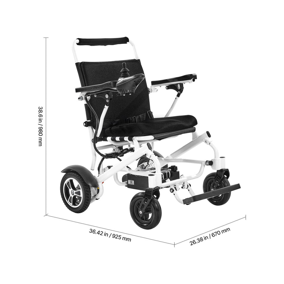 Foldable electric wheelchair angled view with black seat and backrest on white frame