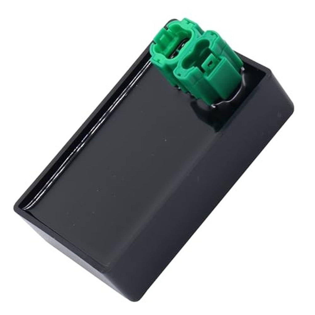 Black CDI module box with green connector plug, top view