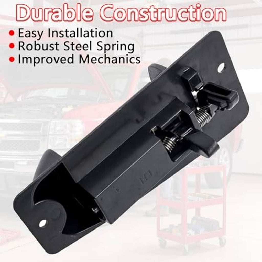 Textured black exterior door handle with exposed latch mechanism on base plate
