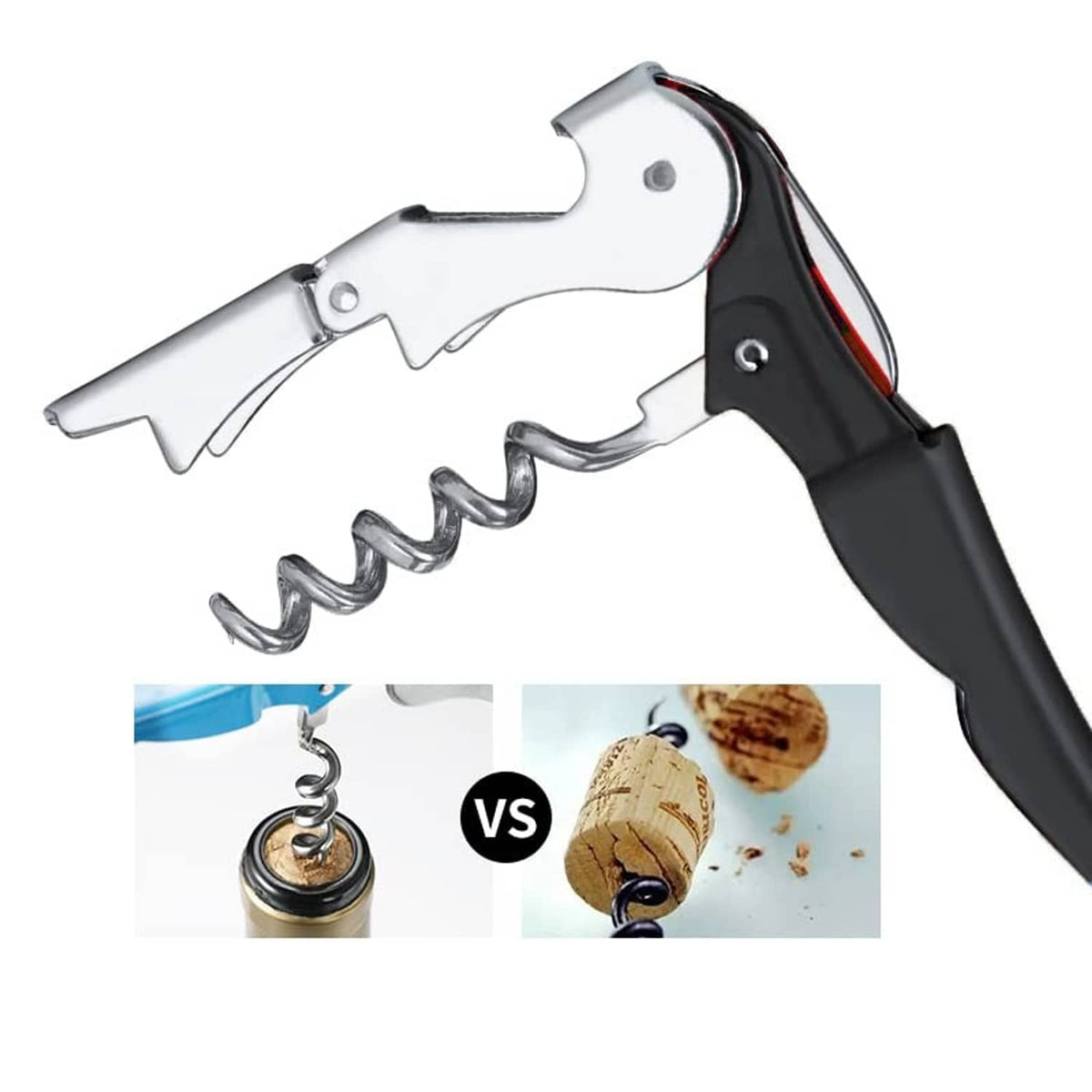 Waiter's corkscrew with spiral and lever arms, black-and-chrome bottle opener