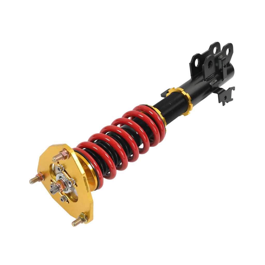 Coilover shock with red spring, yellow top plate, and black mounting bracket