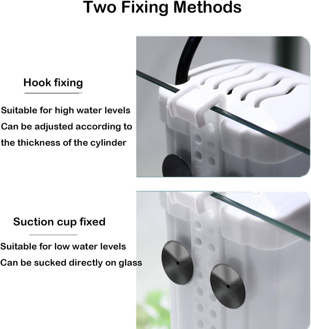 White aquarium filter showing two mounting options: hook mount or suction-cup mount