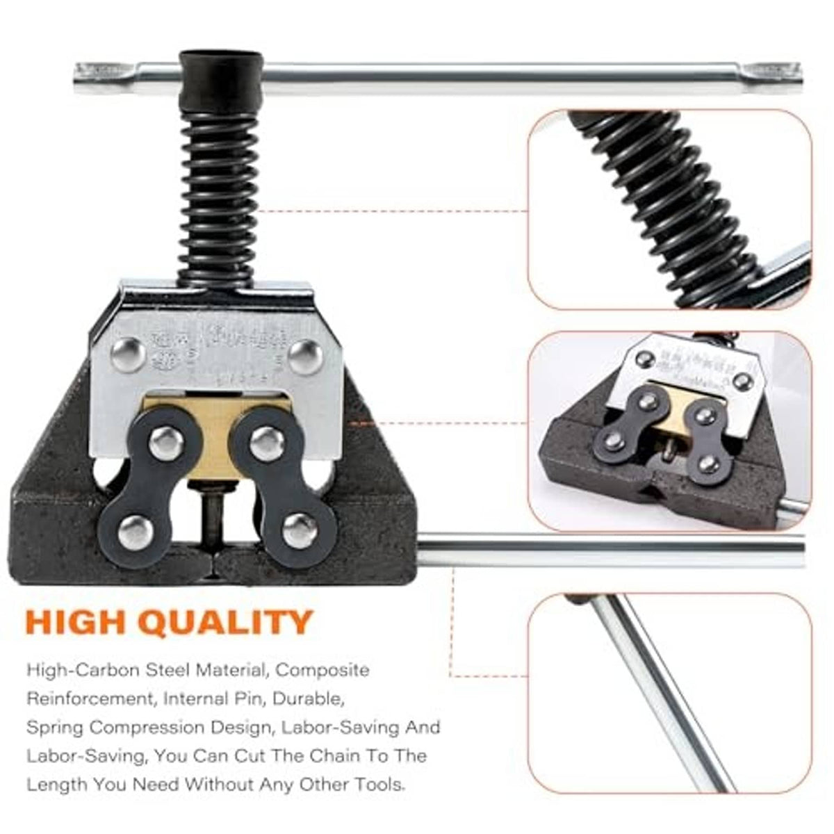 Roller chain breaker tool with clamp head, screw rod, and side wrench