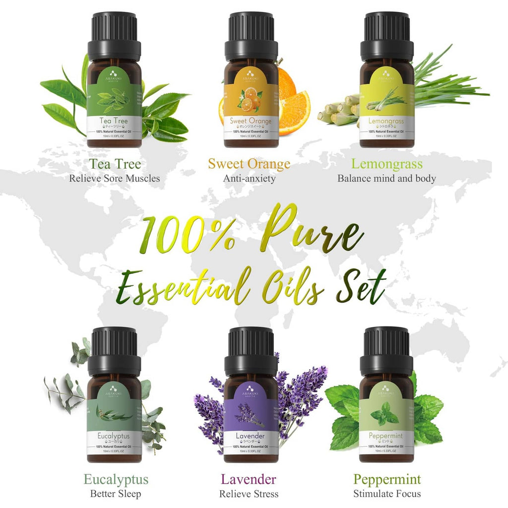 Essential oils set with six small bottles, each in a labeled dark glass dropper