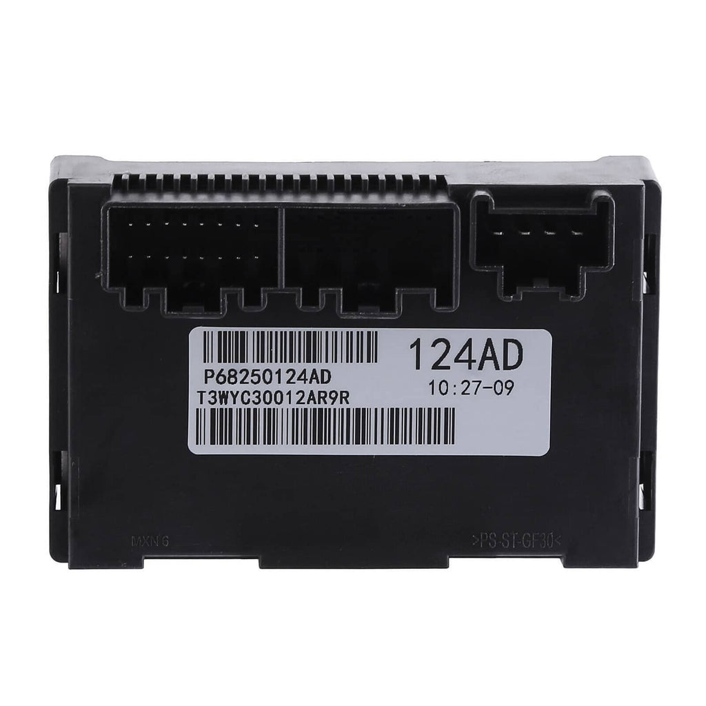 Transfer case control module underside with wiring pins and 124AD label