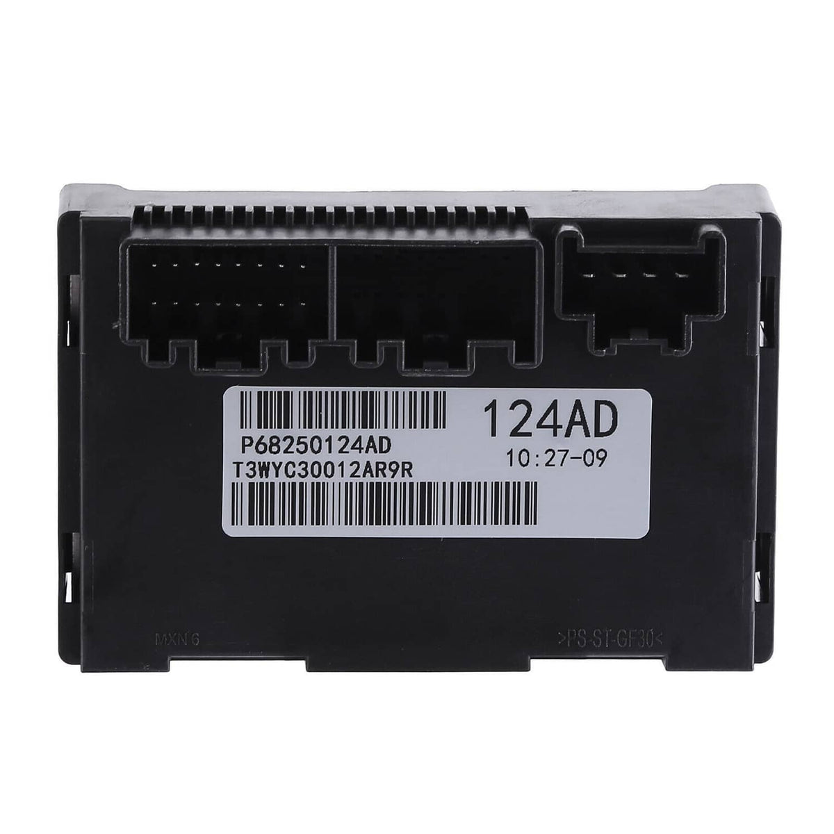 Transfer case control module underside with wiring pins and 124AD label