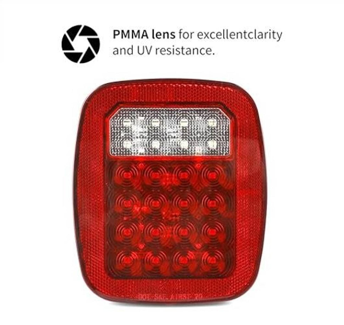 Square red 12V LED combination tail light, clear top LED panel and red lower lens