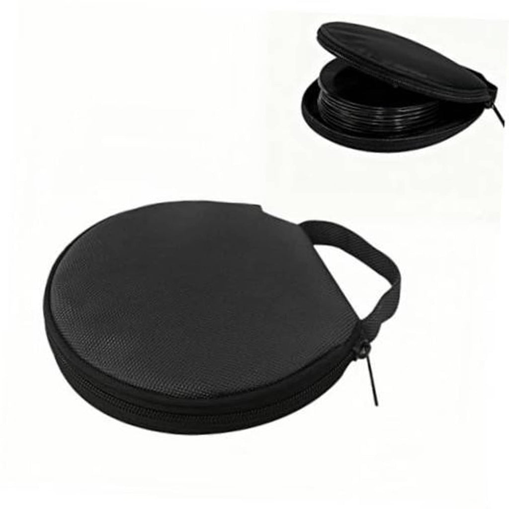 Black round CD/DVD case with zippered hard shell and carrying strap