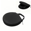 Black round CD/DVD case with zippered hard shell and carrying strap
