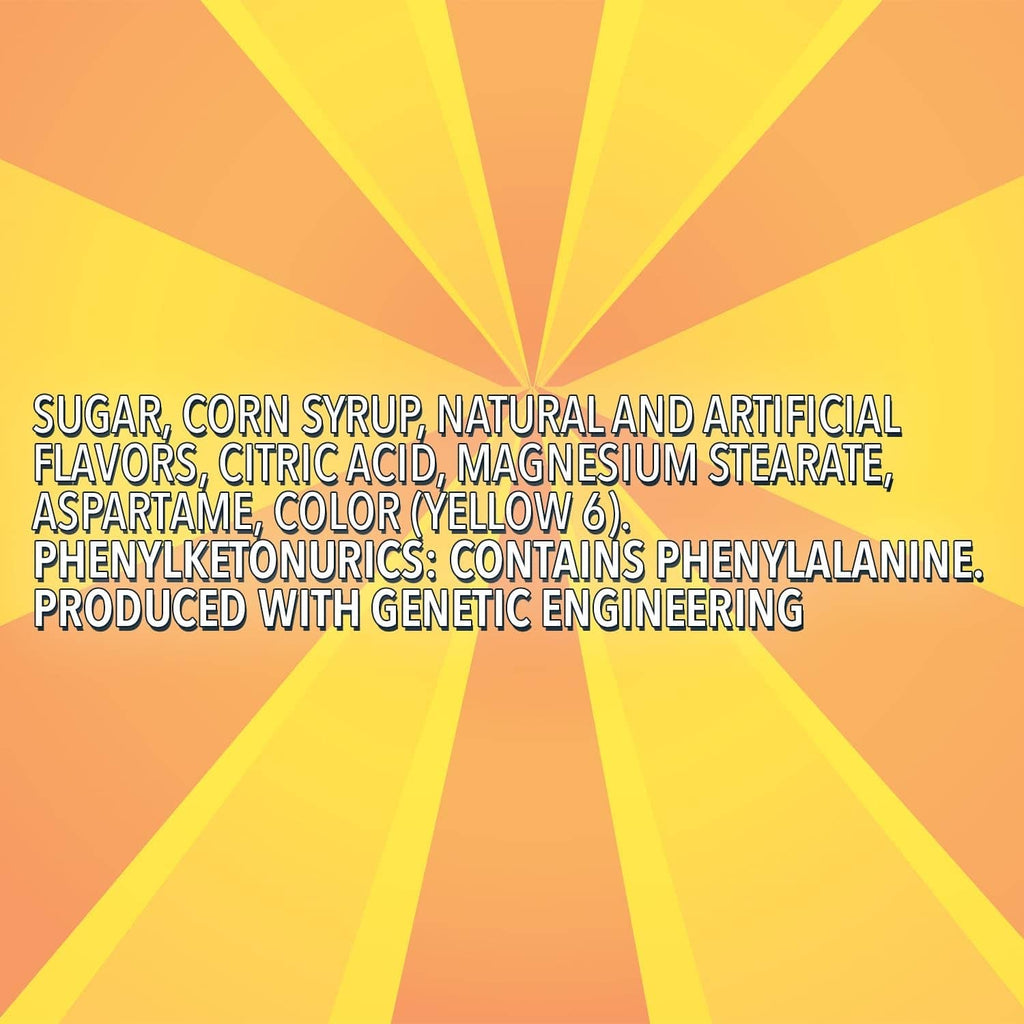 Orange mint candy ingredient statement printed on a yellow background graphic