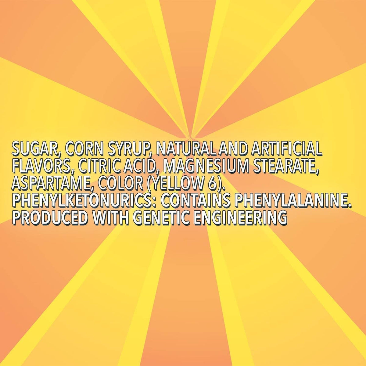 Orange mint candy ingredient statement printed on a yellow background graphic