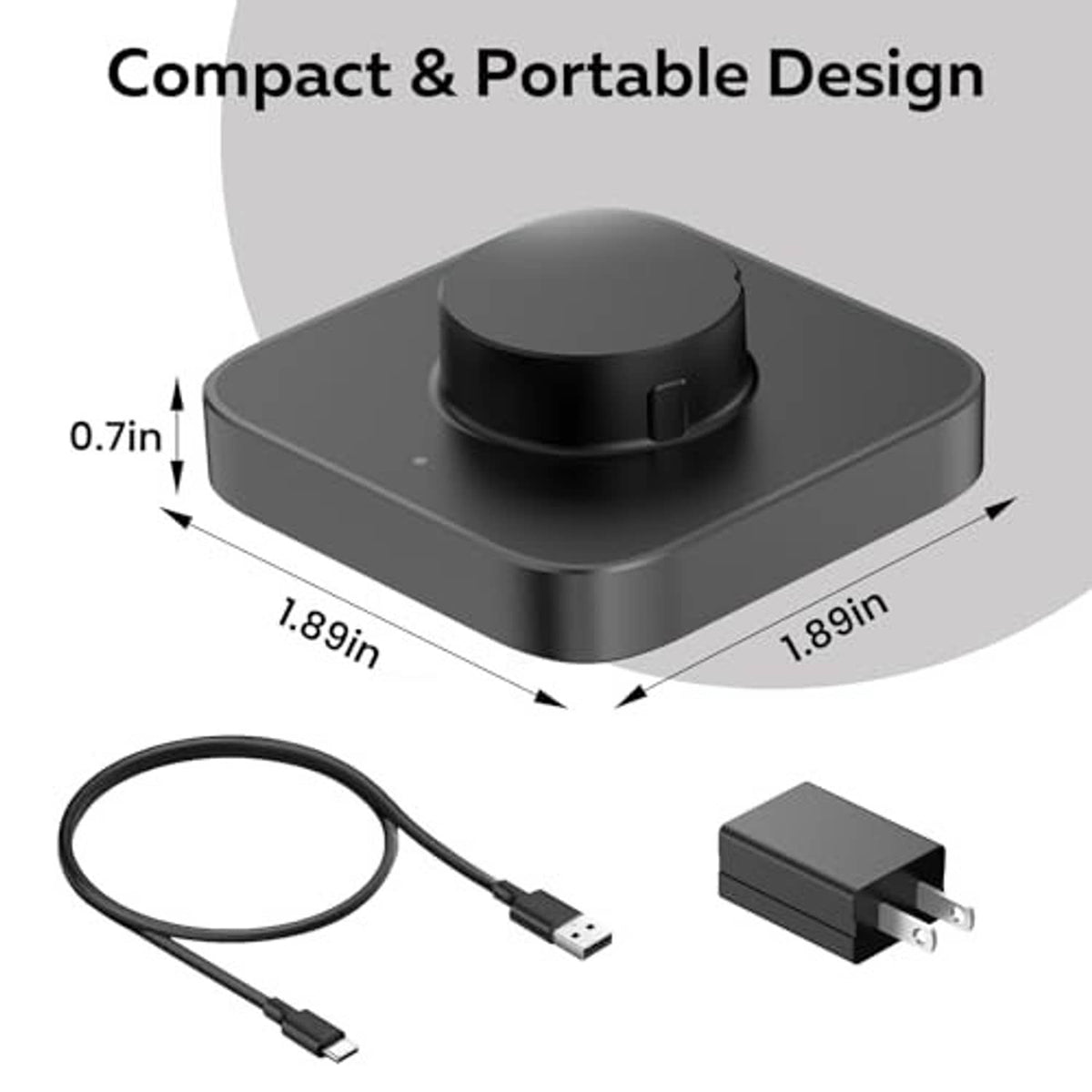 Compact black smart ring charging dock with cable, USB connector and wall plug
