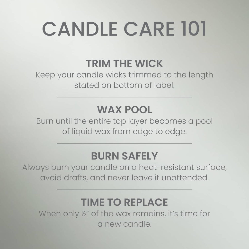 Candle care guide label: trim wick, burn safely, and replace when needed