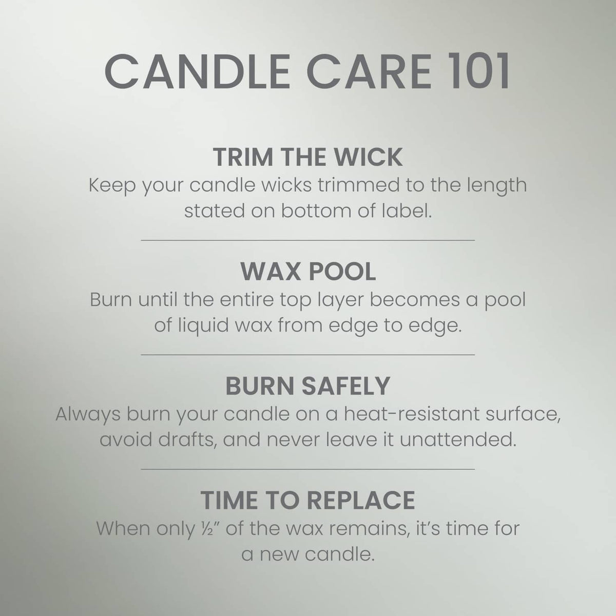 Candle care guide label: trim wick, burn safely, and replace when needed