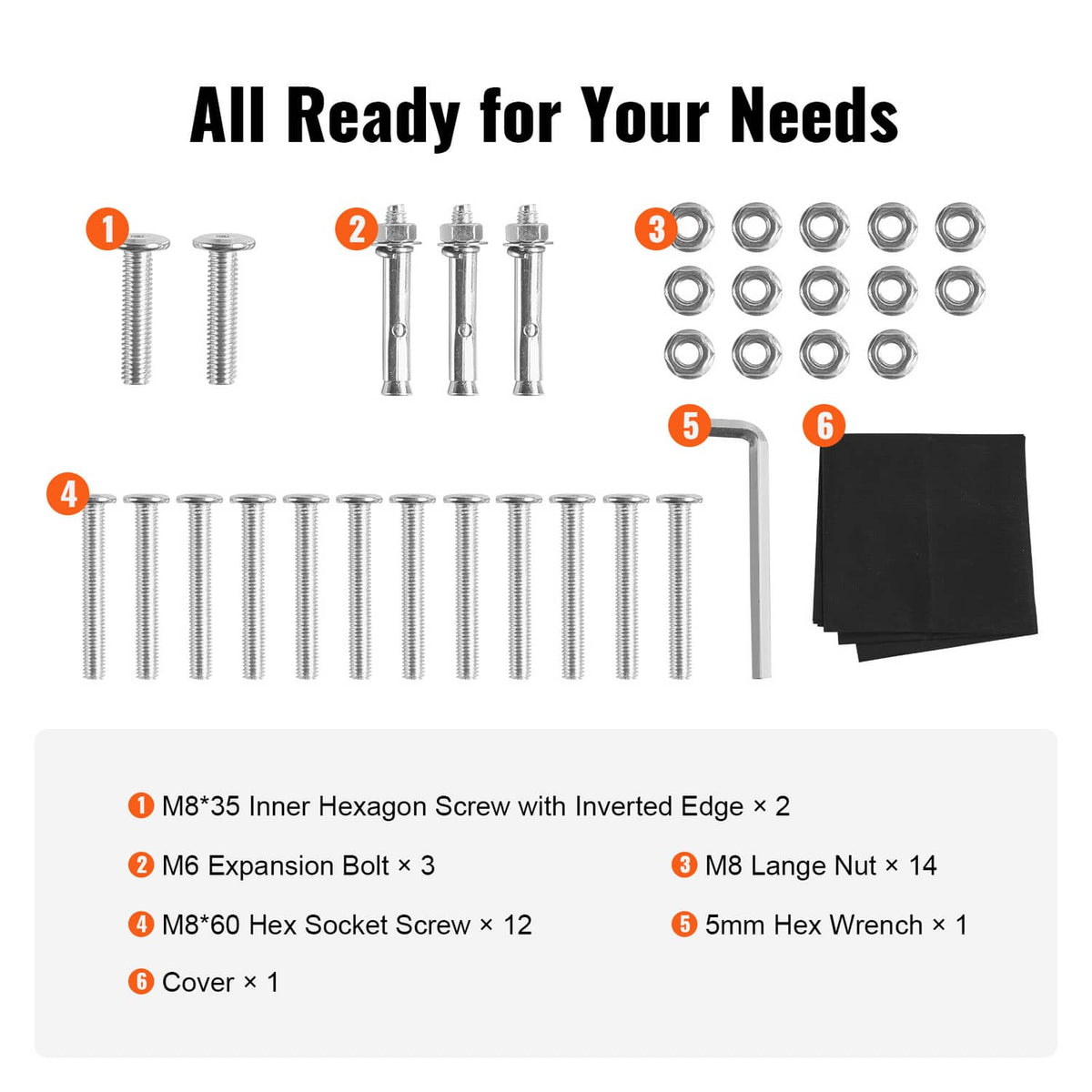 Firewood rack assembly kit: screws, bolts, washers, hex wrench, cover