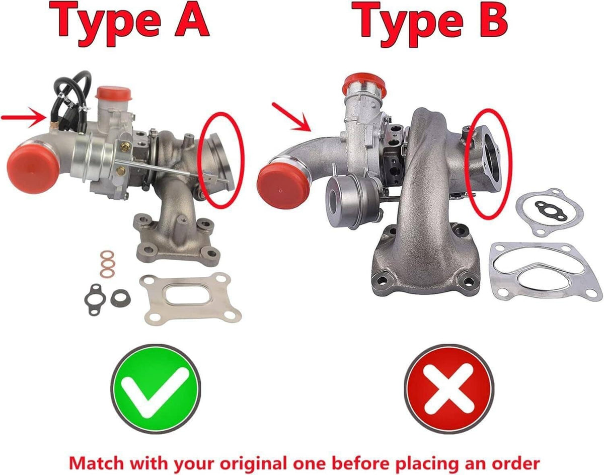 Turbocharger type comparison showing circled fit areas on two variants