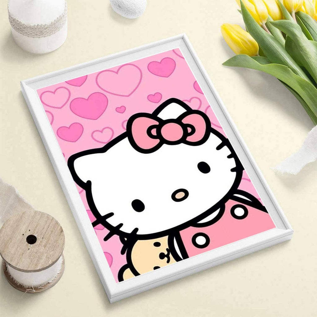 Framed diamond painting kit with Hello Kitty on pink hearts pattern canvas
