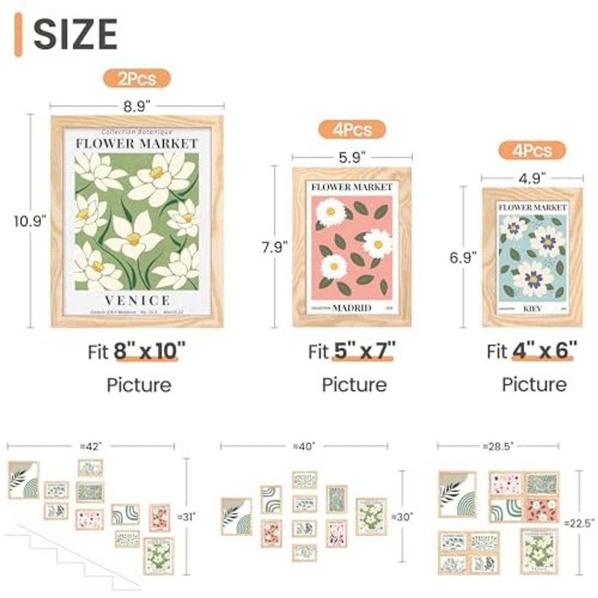 Size guide for natural wood picture frames: fits 8x10, 5x7, and 4x6 pictures