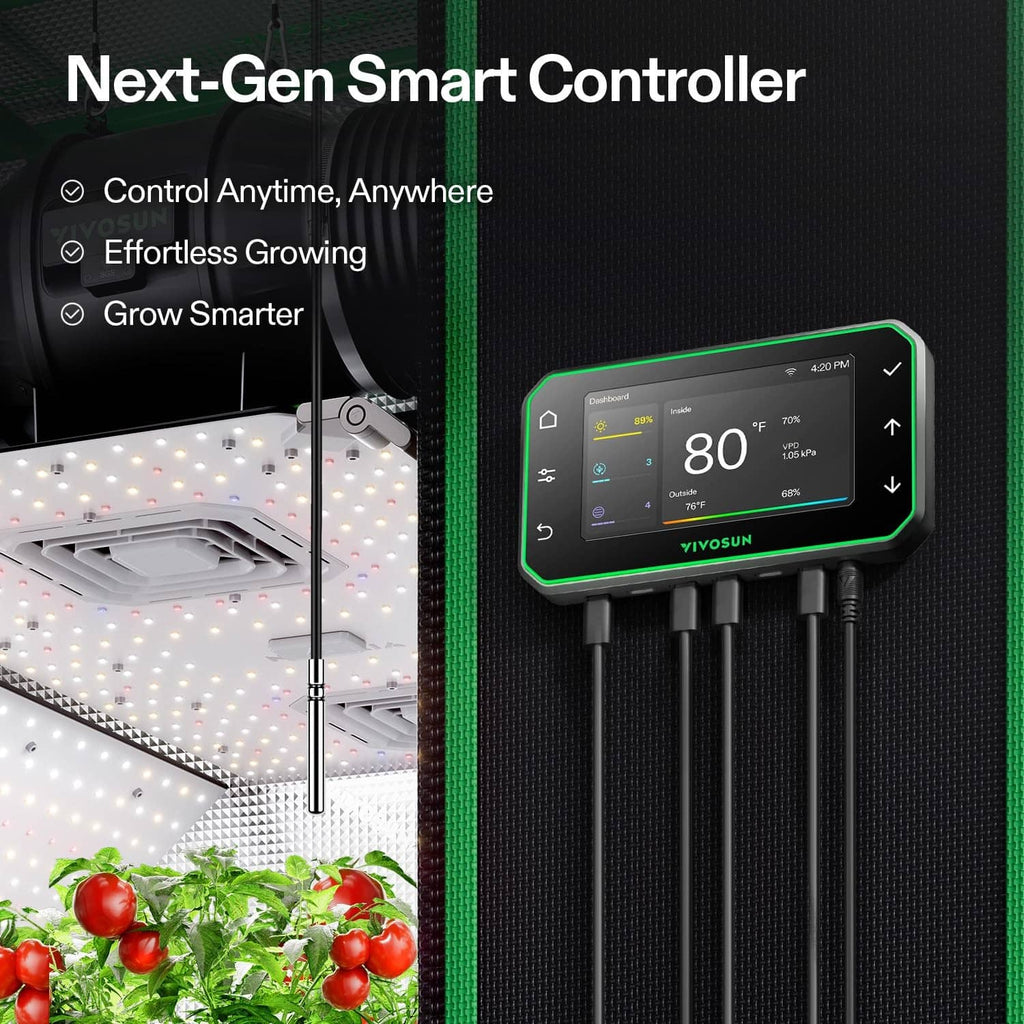 Wall-mounted smart grow tent controller with color touchscreen and multi-port cables