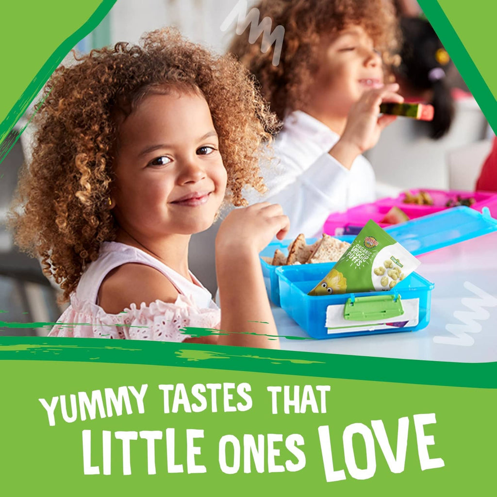 Organic veggie puffs promo with child holding the veggie puffs box