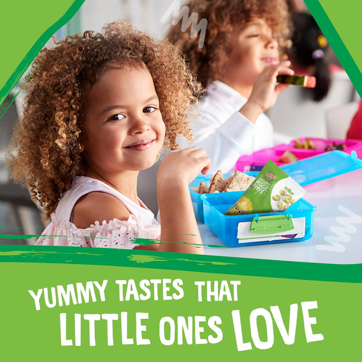 Organic veggie puffs promo with child holding the veggie puffs box