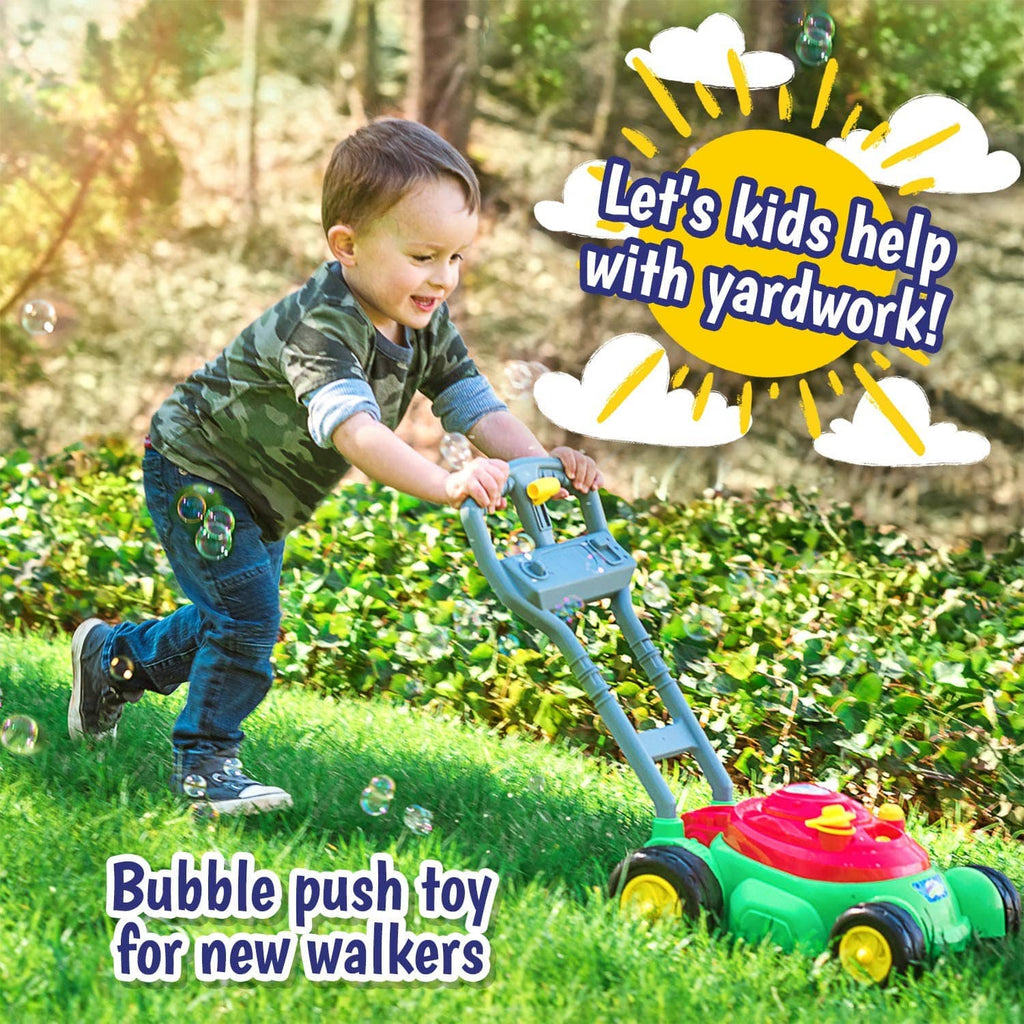 Bubble push toy lawn mower with green base and red top, blowing bubbles