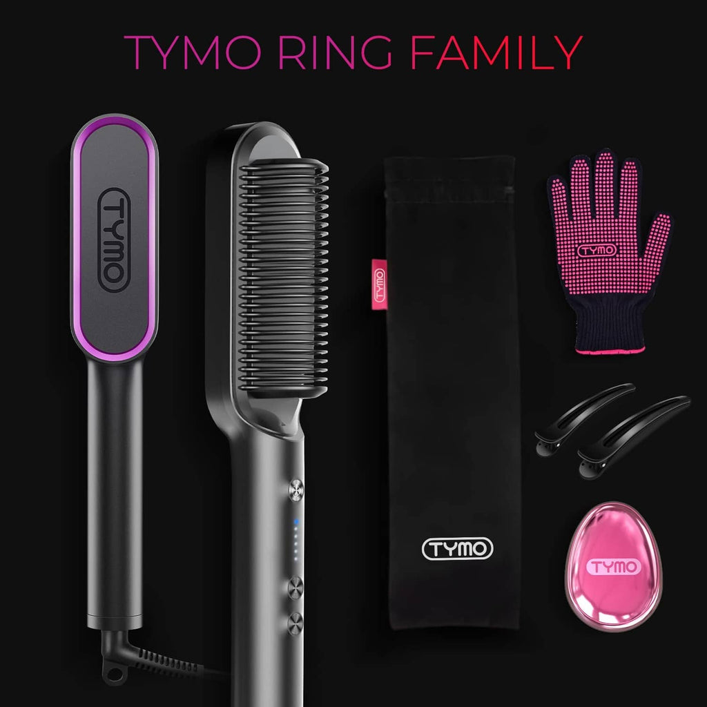 Black hair straightener brush with TYMO ring, storage pouch, gloves, and accessories
