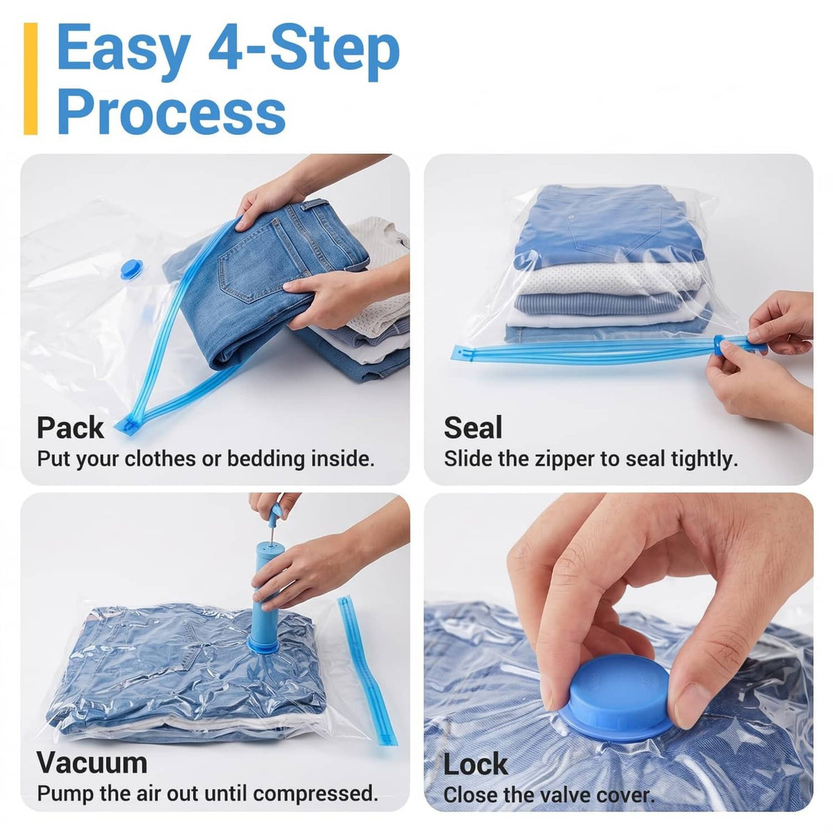 Vacuum storage bag use steps: pack items, seal zipper, pump air out, lock valve cover