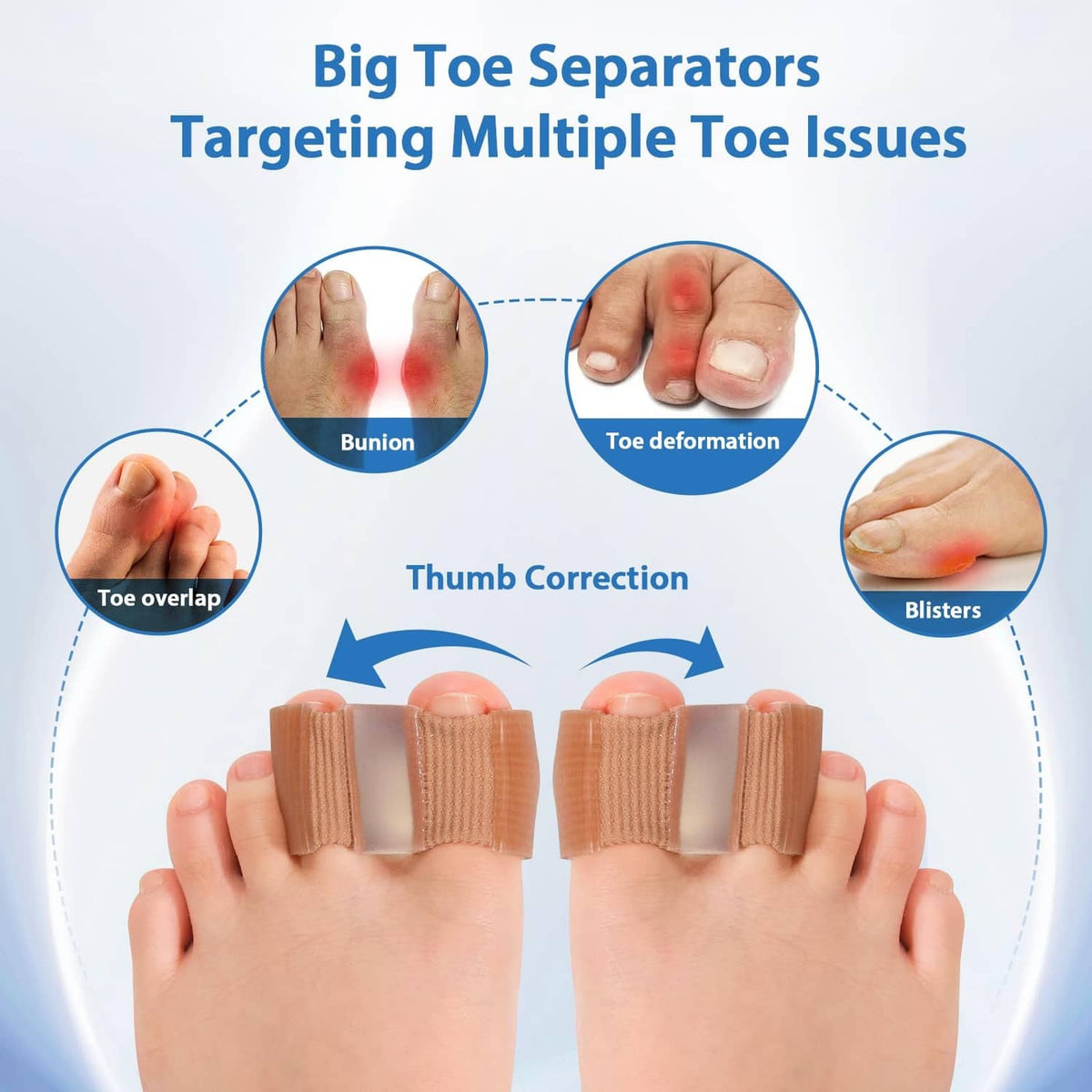 Bunion toe separator set on feet, tan sleeves with gel spacer between toes