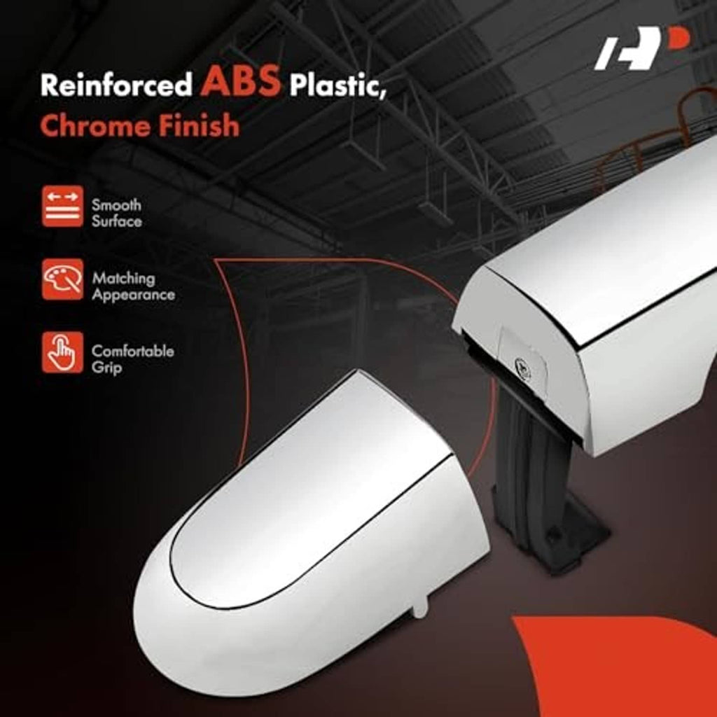 Chrome-finish exterior door handle with textured black mounting bracket detail