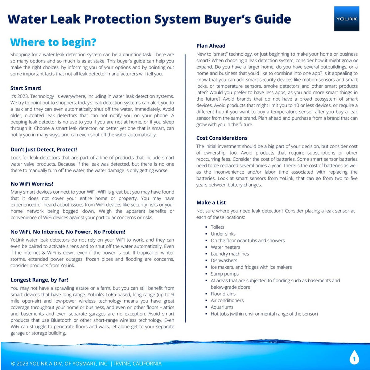 Water leak protection system buyer’s guide page with sensor and hub illustrations