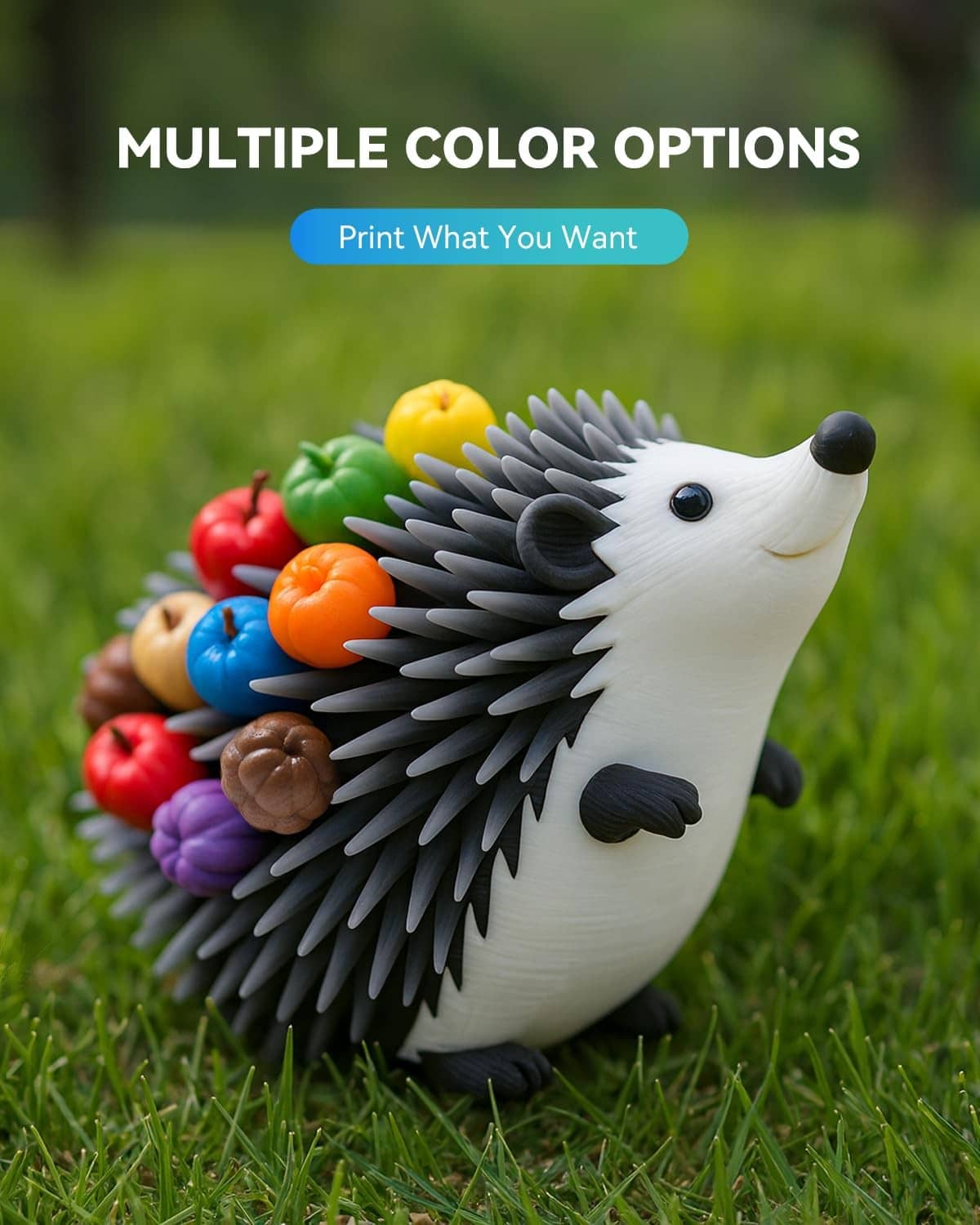 Color options promotional image with spiky hedgehog figure and multicolor filament balls