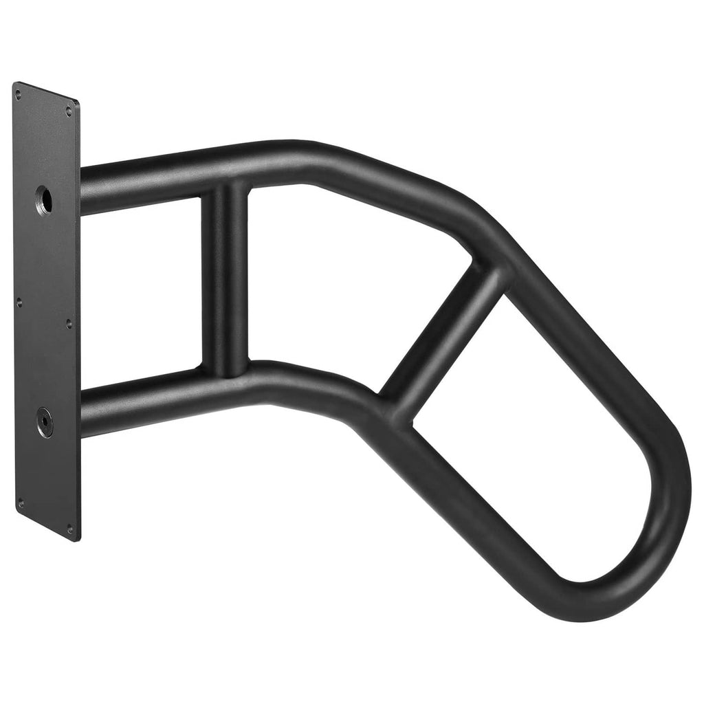Wall-mounted black handrail with bracket plate, curved for step support