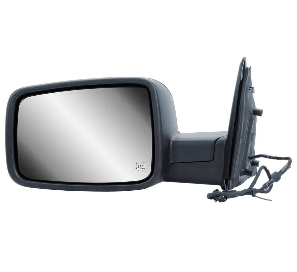Heated left side mirror with reflective glass and wiring harness, black housing