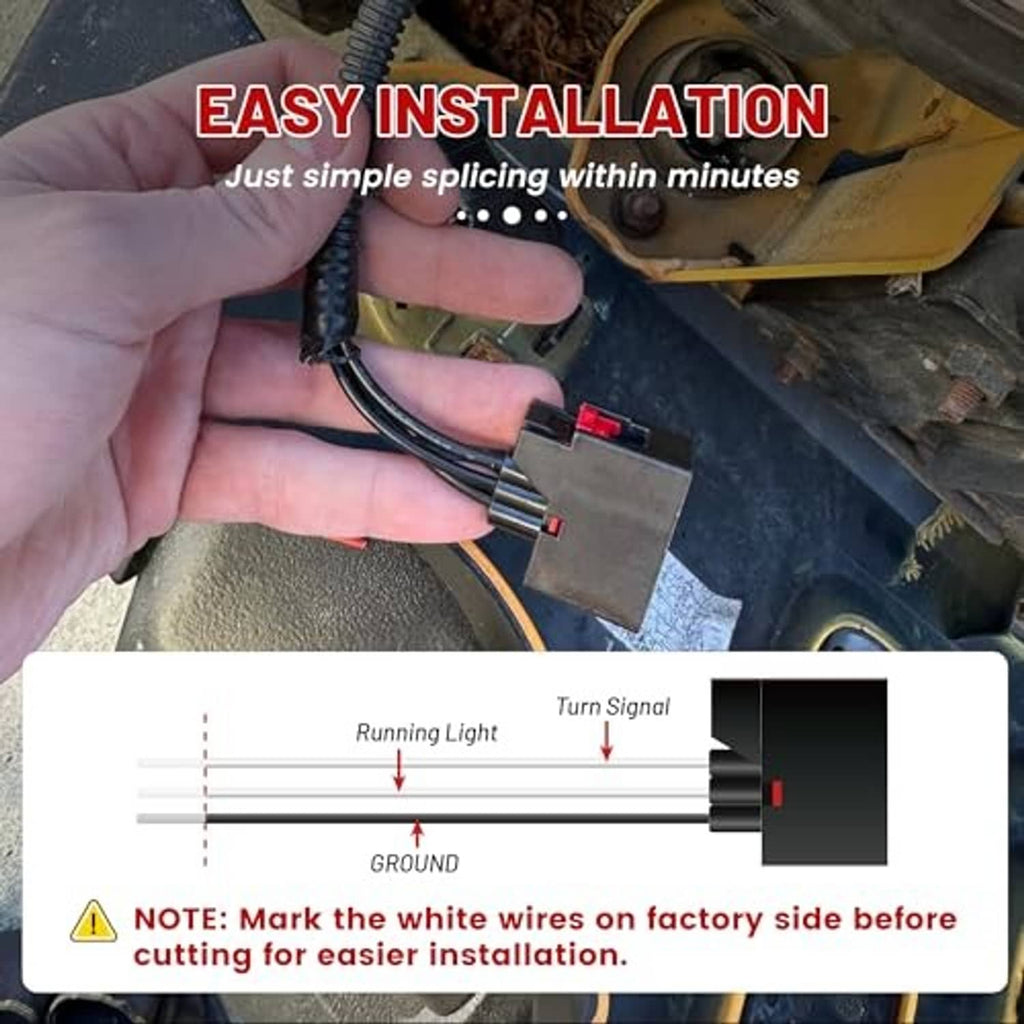 Turn signal connector harness with black plug and splice-ready wire leads for easy installation