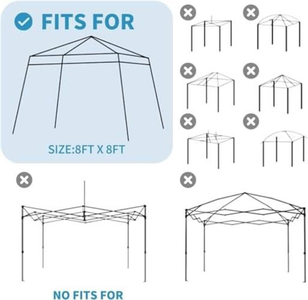 Royal blue 8x8 ft canopy replacement top shown with compatible fit diagram