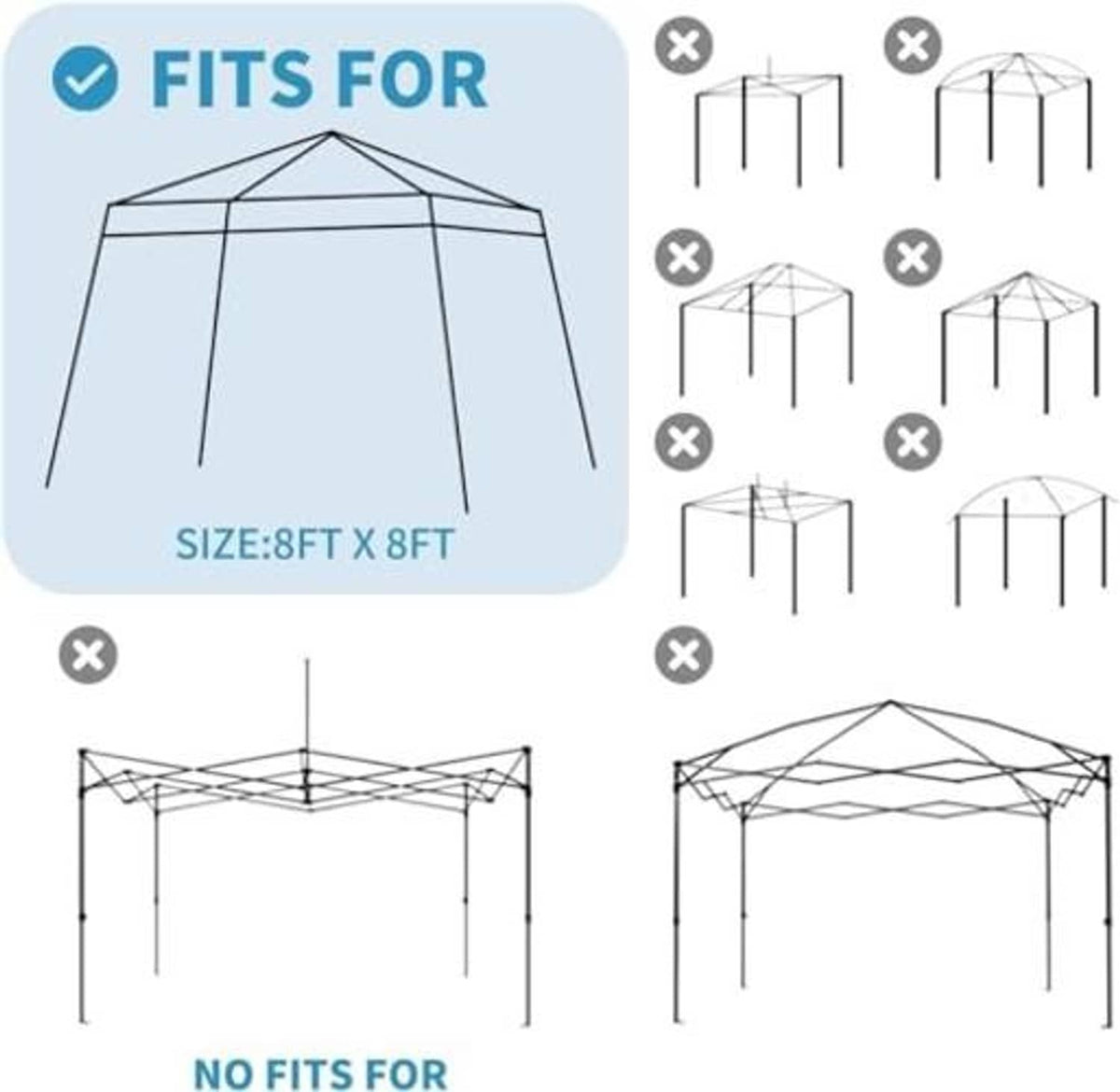 Royal blue 8x8 ft canopy replacement top shown with compatible fit diagram