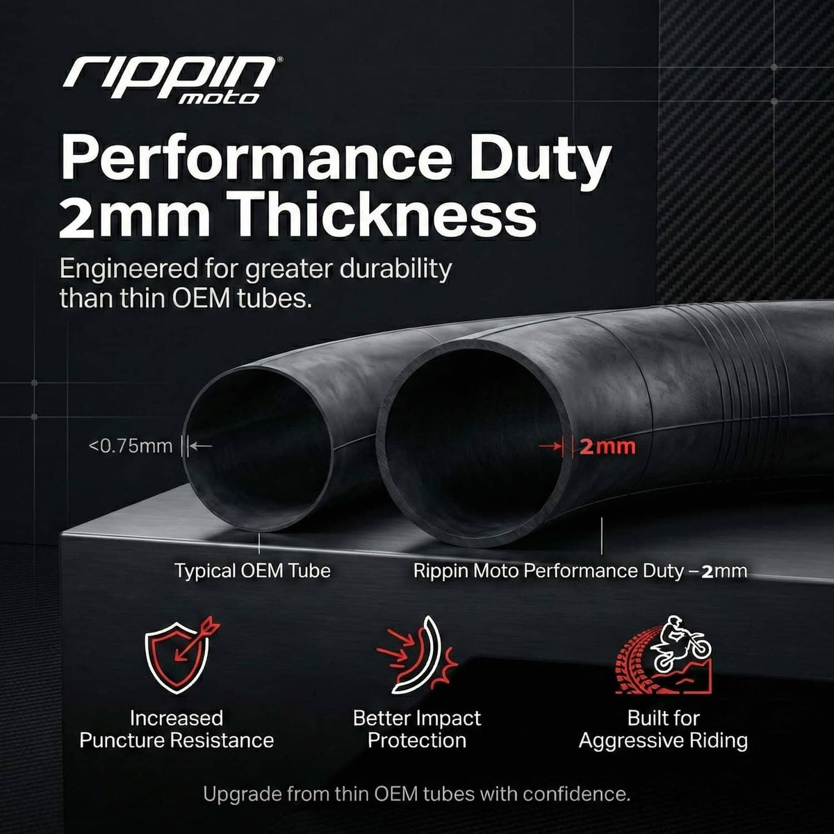 Black Performance Duty inner tube cross-section graphic with 2mm thickness label