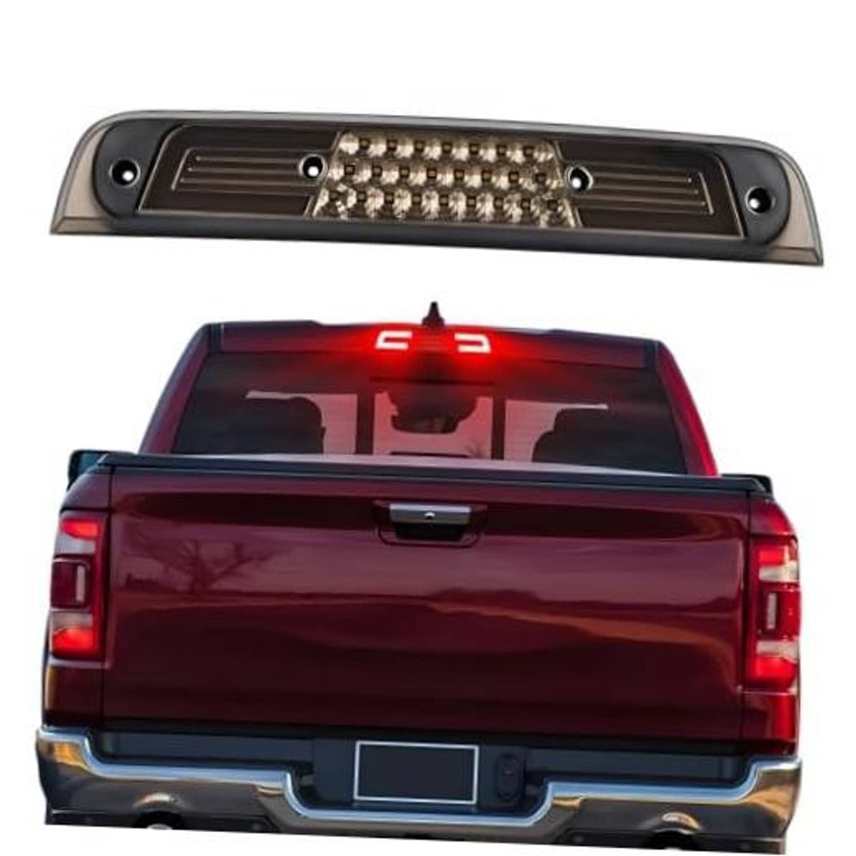 Smoked LED third brake light assembly with central LED grid and side mounting holes.